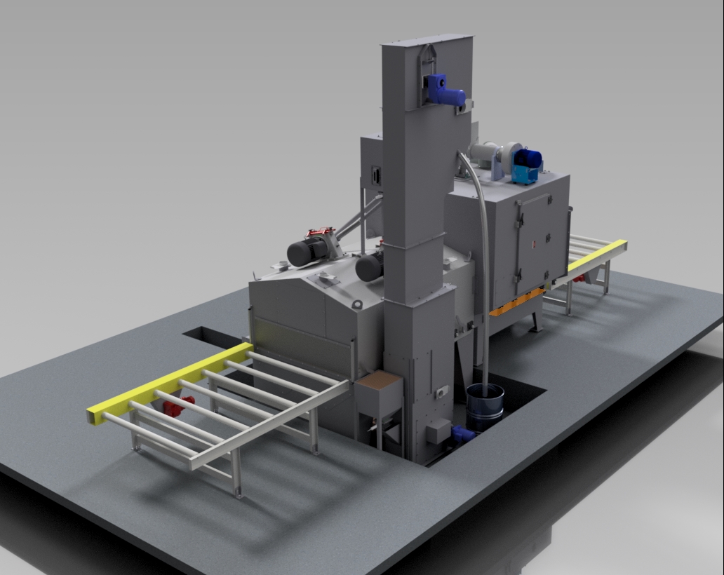 rendering of a Pangborn blast cabinet shown with Omni conveyors and mounted in a pit